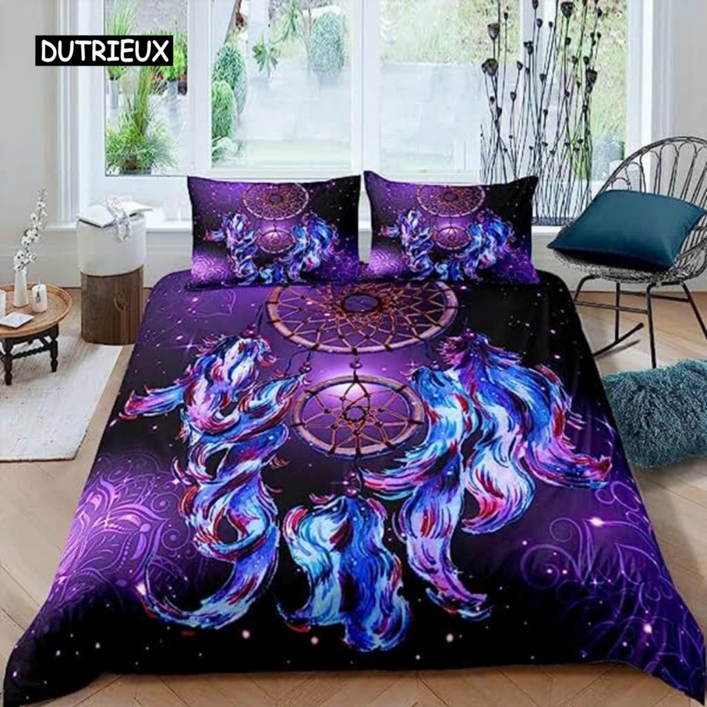 Boho Duvet Cover Dreamcatcher Rustic Floral Mandala Galaxy Duvet Cover Set Bohemian Native Ethnic Exotic Customs for Decorative