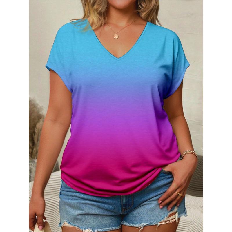 Women Short Sleeve Top Summer Basic Shirt V Neck Gradient Tie Dye Tee Tunic Tops