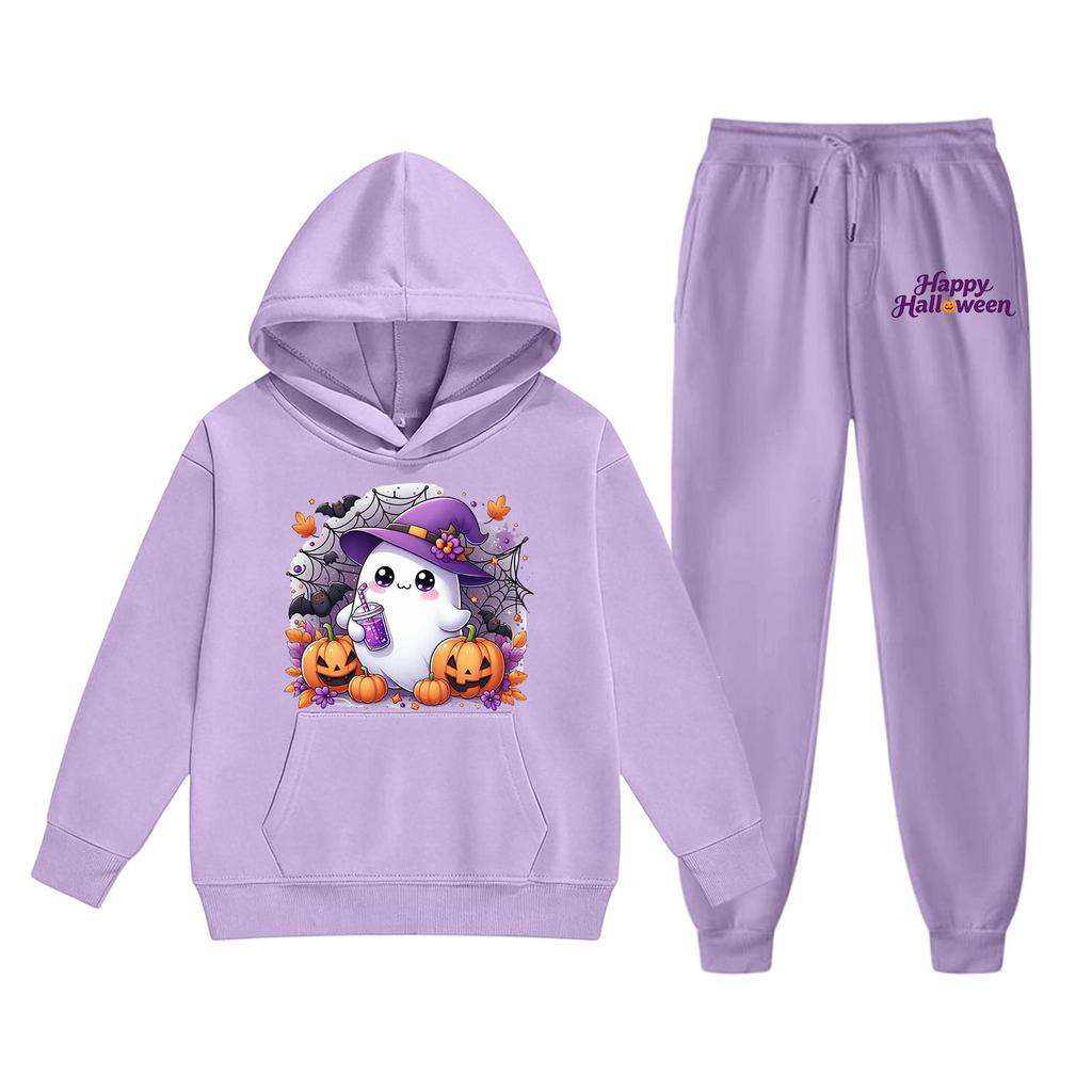 Kids Halloween Hoodie and Sweatpants Set Cute Ghost Print Pullover Hooded Sweatshirt and Matching Bottoms for Children Soft Comfortable Outfit