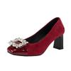 Fashion Single Shoes New Women's Four Seasons Square Toe Light Suede Rhinestone Color-block Block Heel All-match High Heels