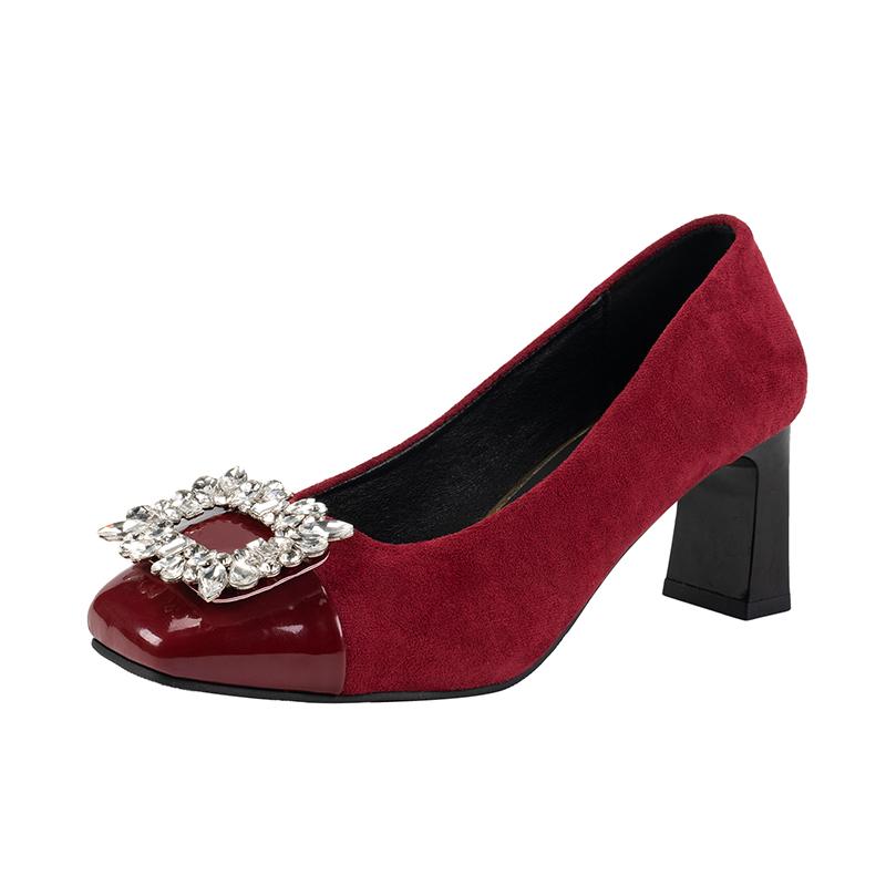 Fashion Single Shoes New Women's Four Seasons Square Toe Light Suede Rhinestone Color-block Block Heel All-match High Heels