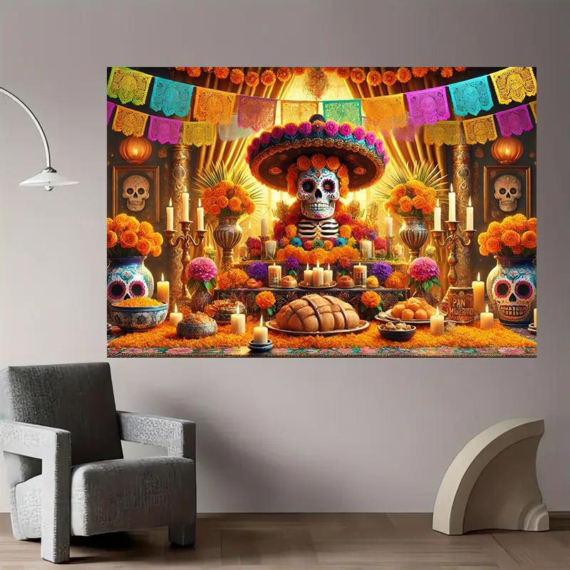 1 Day of the Dead Background Banner - Bright Sugar Skull Altar Design, Durable Polyester, Home Decoration