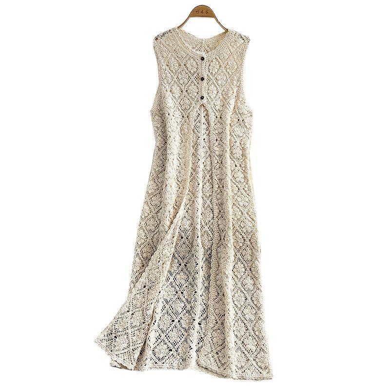 French Style Hollow-out Crochet Knit Vest Dress Women Seaside Holiday Style Cover Up Stacked Sleeveless Split Long Skirt