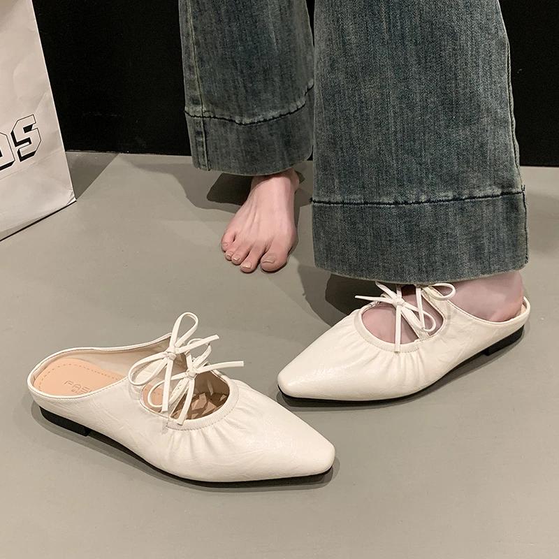 Women's Fashion Slippers 35-40 Pointed Toe Square Heels Thin Strap Bow Fashion Sandals Soft Leather Comfortable with Skirt Shoes