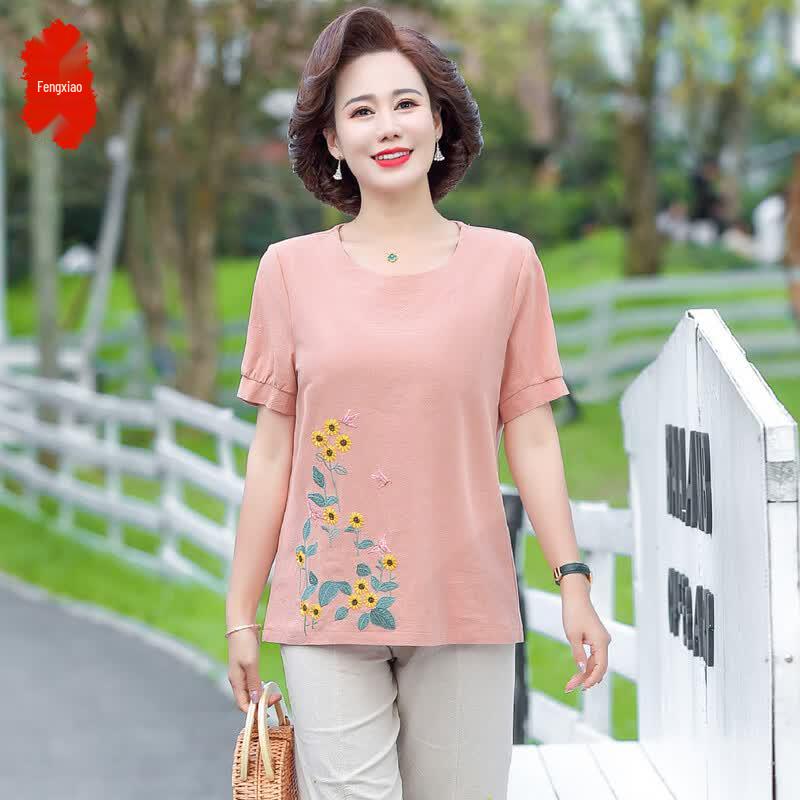 FENGXIAO Women s Embroidered Short Sleeve Summer Top 5XL