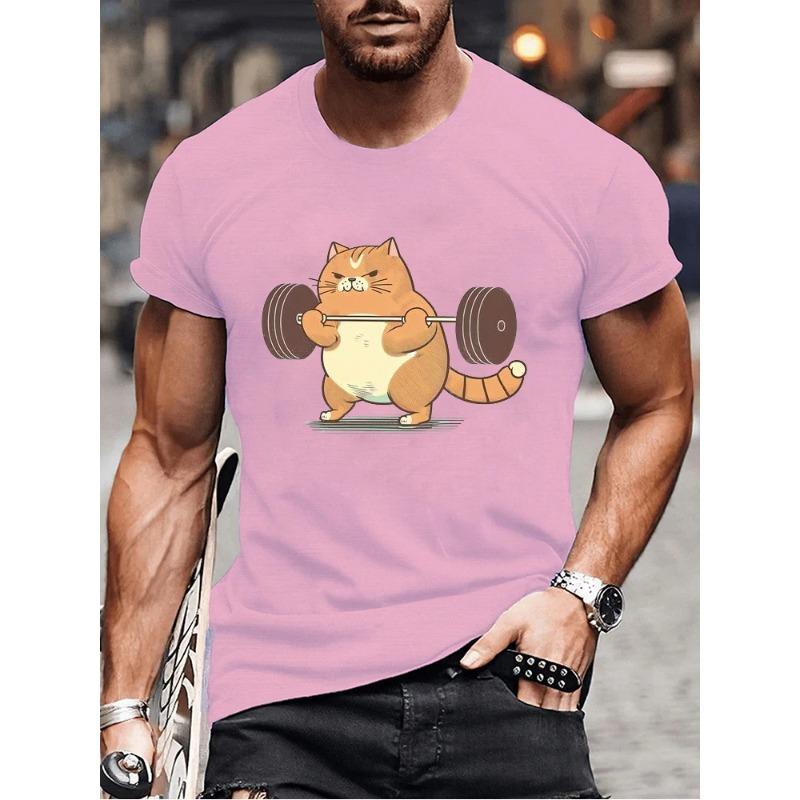 Summer Round Neck Funny Cat Weightlifting Graphic 3D Print Top Sports and Fitness T-shirts Fashionable Casual Short Sleeved Men's T-shirts