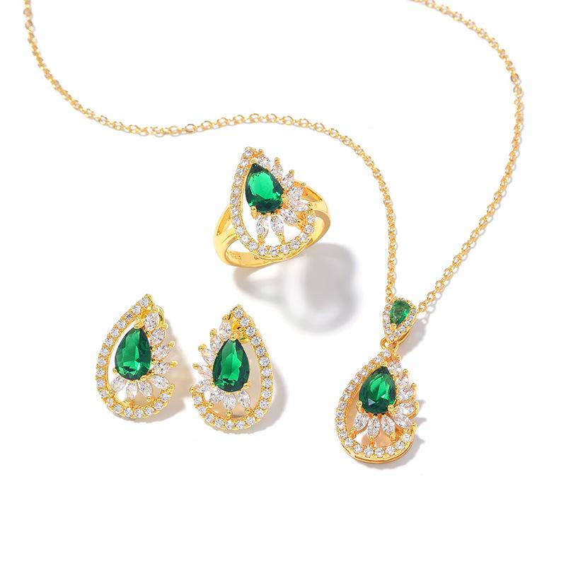 Water Drop Three-Piece Set, Red Gemstone Ring Earrings, Water Drop Necklace Set, In Stock.