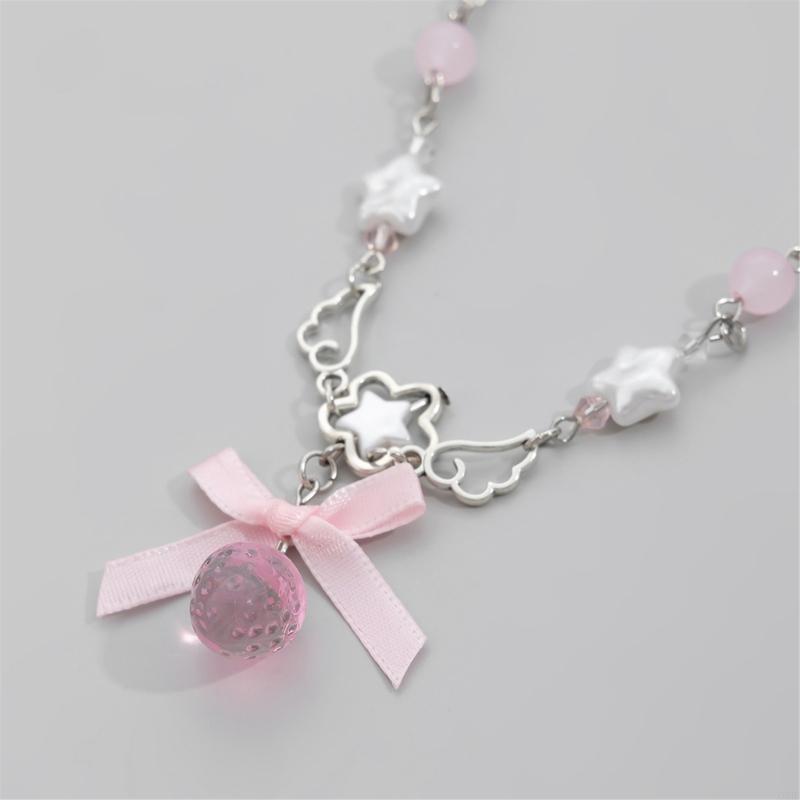 2025 Ny Söt Vit Femudd Rosa Rosett Jordgubbsberlock Chokerhalsband Goth Vintage Y2K Flickors Söta Smycken Accessoarer