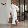 Women Long Dress One Shoulder Dress, Solid Color Tie Waist Side Split Casual Summer Dresses Party Sleeve Maxi for Everyday Wear