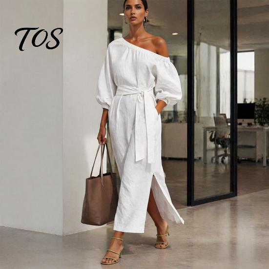 Women Long Dress One Shoulder Dress, Solid Color Tie Waist Side Split Casual Summer Dresses Party Sleeve Maxi for Everyday Wear