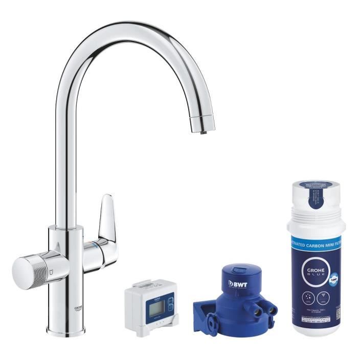Mitigeur d'évier - GROHE - StartCurve - Filtration intégrée - Bec col de cygne - Chromé