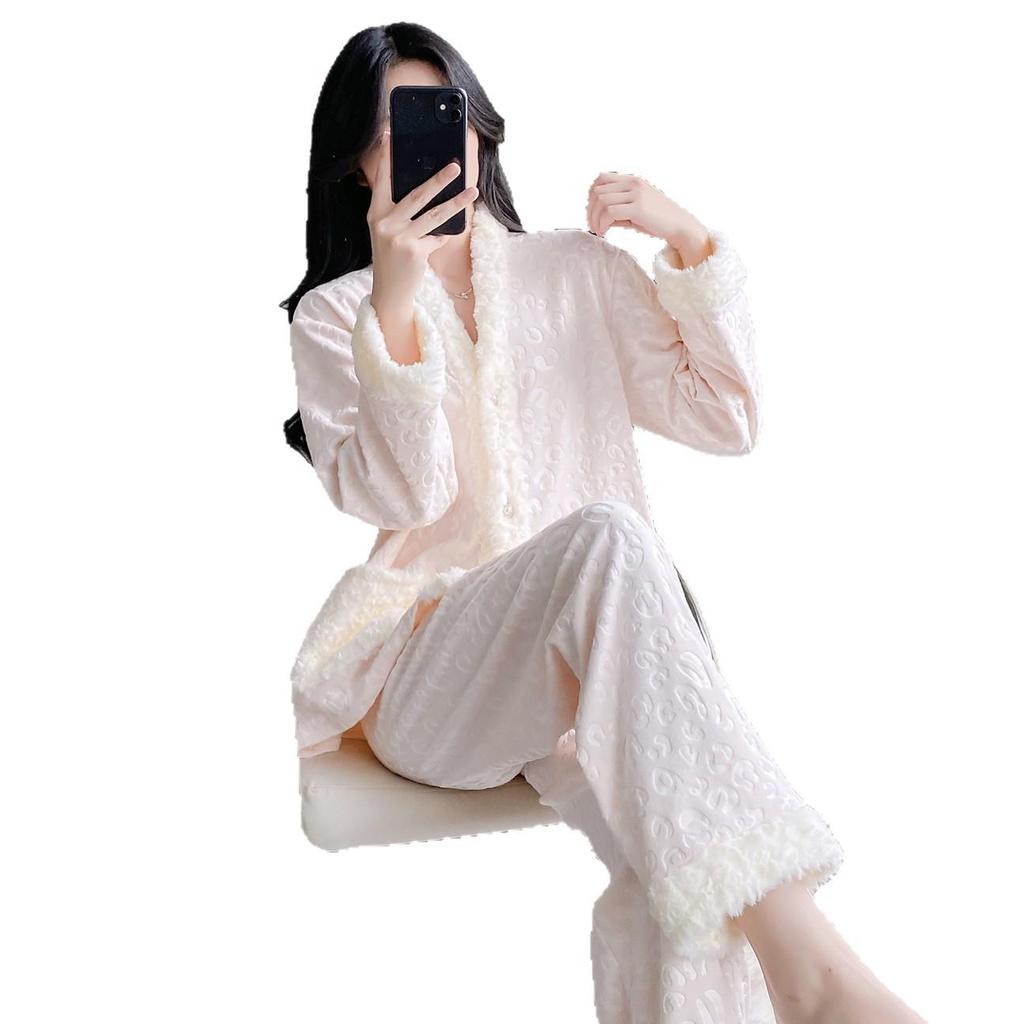 Women's Island Fleece Pajamas - High-End Minimalist Long Sleeve & Pants Thick Warm Set for Autumn/Winter