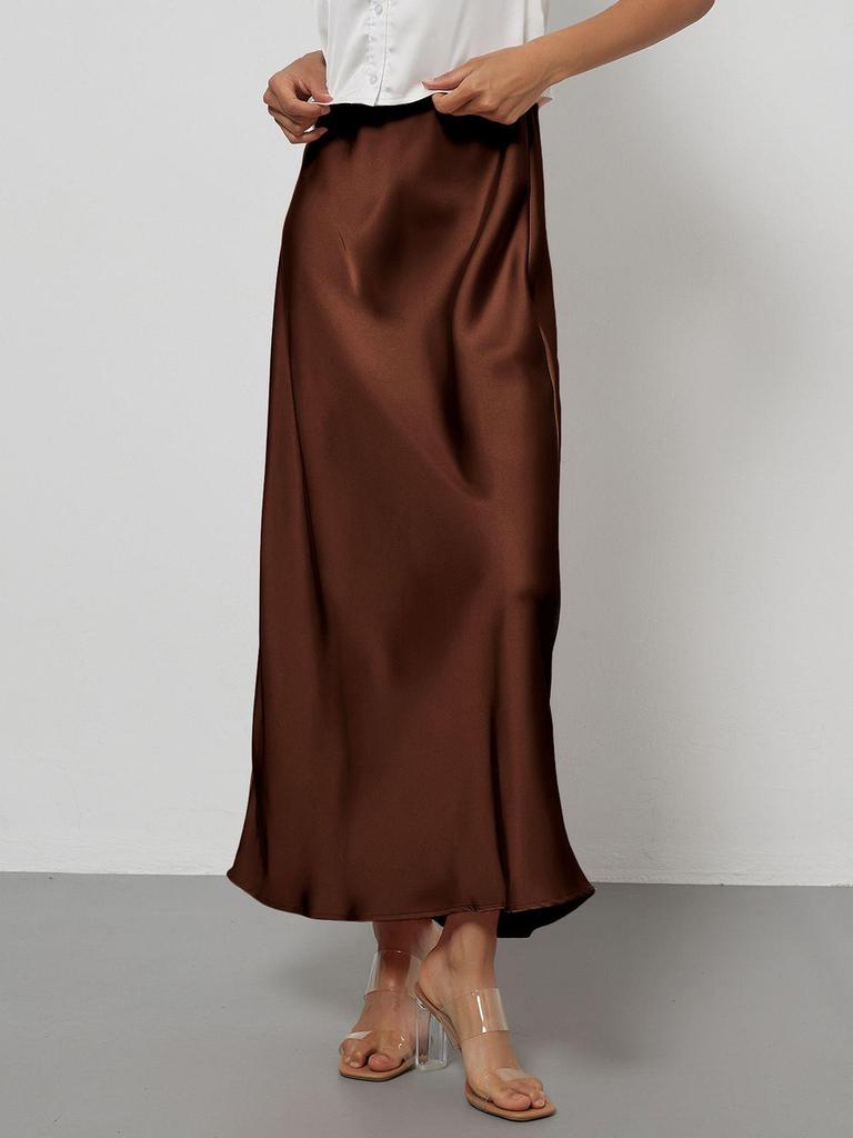 Women's Clothing Elegant Satin Midi Skirt Slim Fit High-Waisted Dress