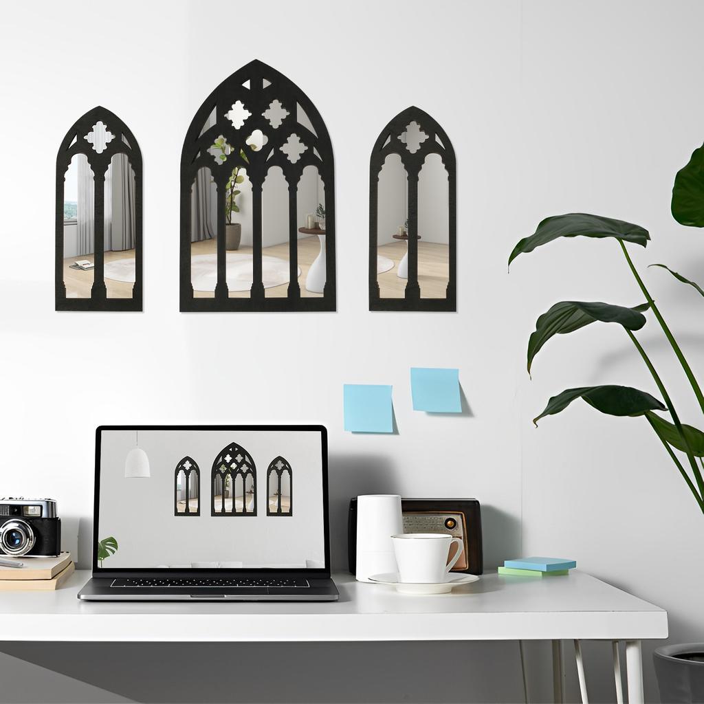 3Pcs Arched Window Wall Mirror Set Gothic Wall Mirror Decor Cathedral Arched Mirror Decor Self-Adhesive Arched Wall Mirror