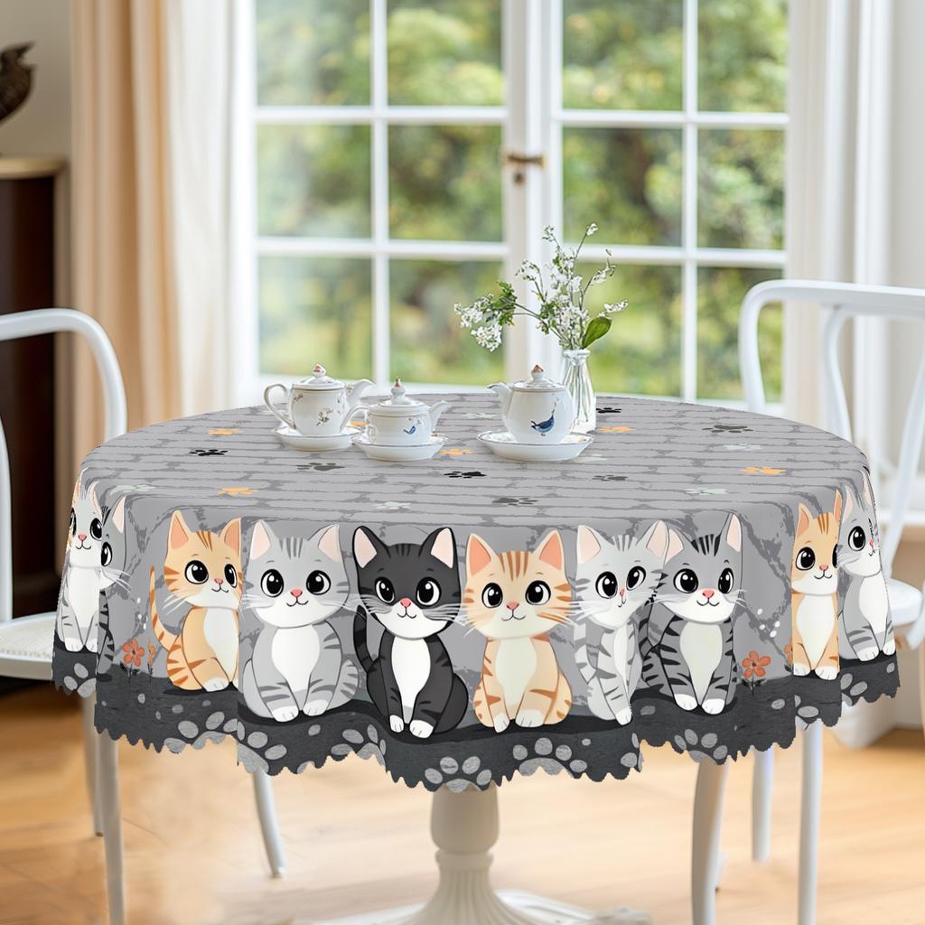 1 Stuk Grijze Retro Schattige Kattenprint Rechthoekig Tafelkleed, Lente Kat, Kattenpoot, Steenpatroon Rond Tafelkleed, Feestdecoratie, Huis Keukentafel
