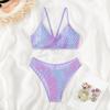 Damen Modischer Badeanzug mit hoher Taille und Netzstoff, femininer geteilter Bikini, Badeanzug mit Neckholder, Farbverlauf, Strandbikini