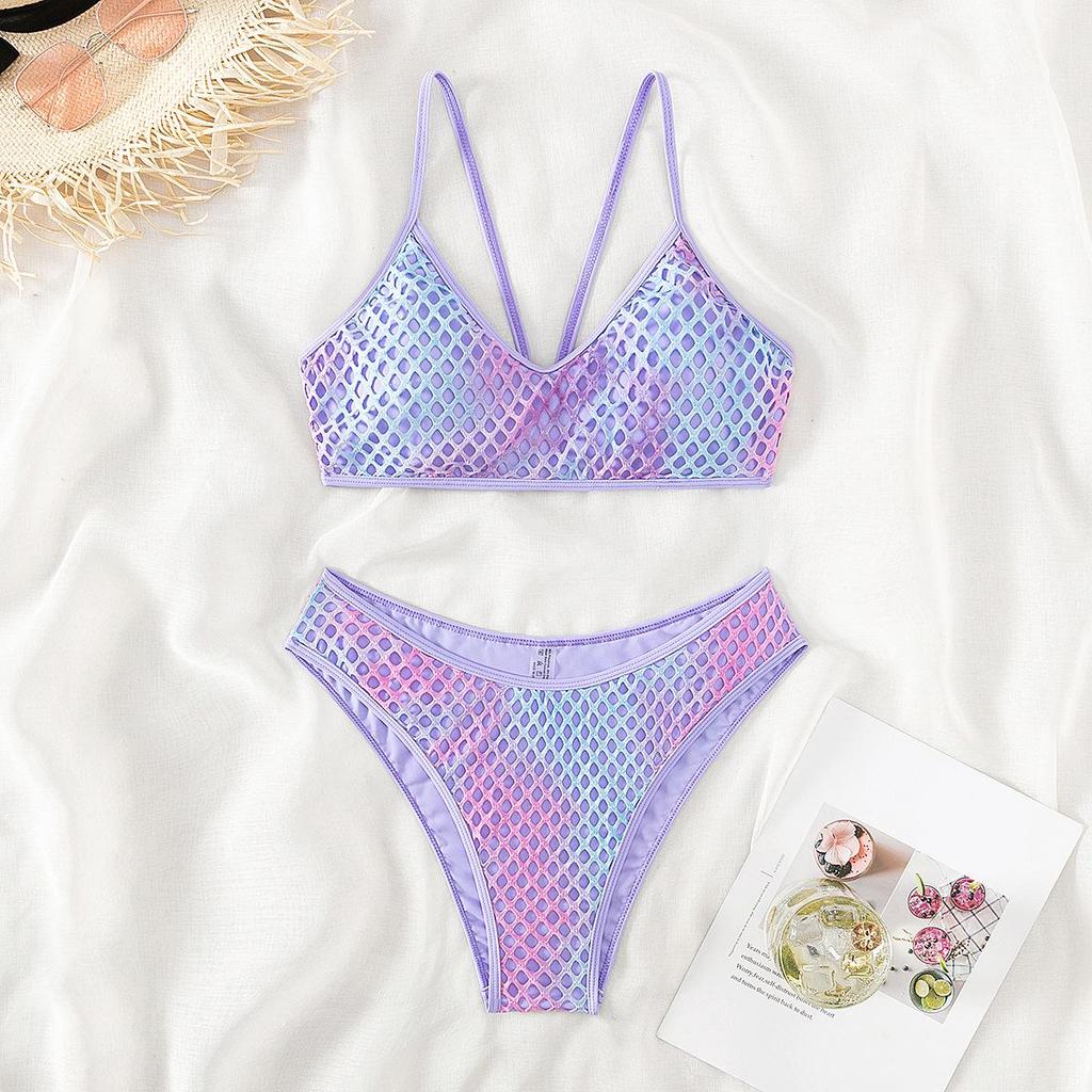 Damen Modischer Badeanzug mit hoher Taille und Netzstoff, femininer geteilter Bikini, Badeanzug mit Neckholder, Farbverlauf, Strandbikini