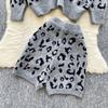 Automne Hiver Femmes Décontracté Imprimé Léopard Tricoté Pull Pantalon Ensemble Deux Pièces Manches Longues Hauts Pull et Short Taille Élastique Survêtement