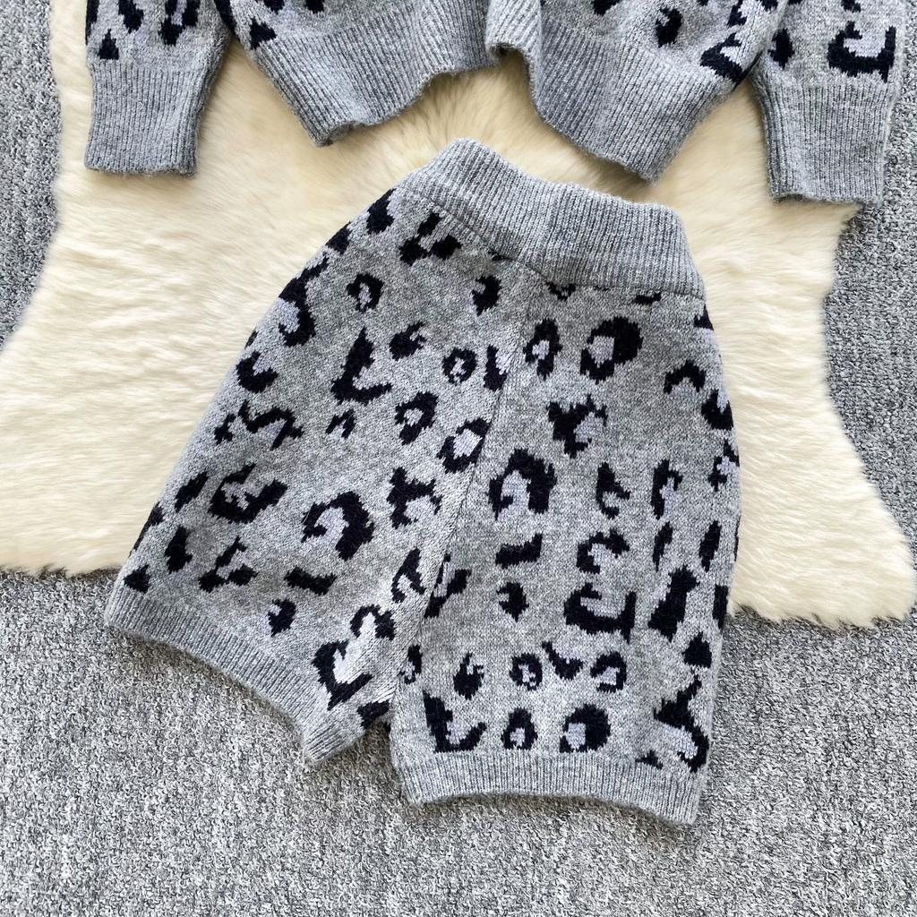 Automne Hiver Femmes Décontracté Imprimé Léopard Tricoté Pull Pantalon Ensemble Deux Pièces Manches Longues Hauts Pull et Short Taille Élastique Survêtement