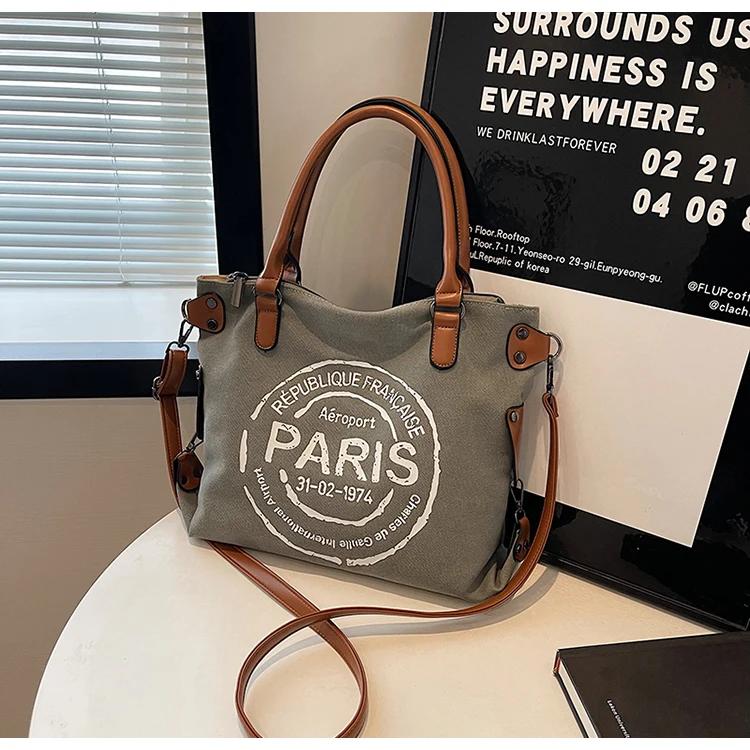 Grote Retro Canvas Draagtas - Verstelbare Schouderband Vintage Parijs Stempelprint - Stijlvolle Crossbody Tas voor Dames