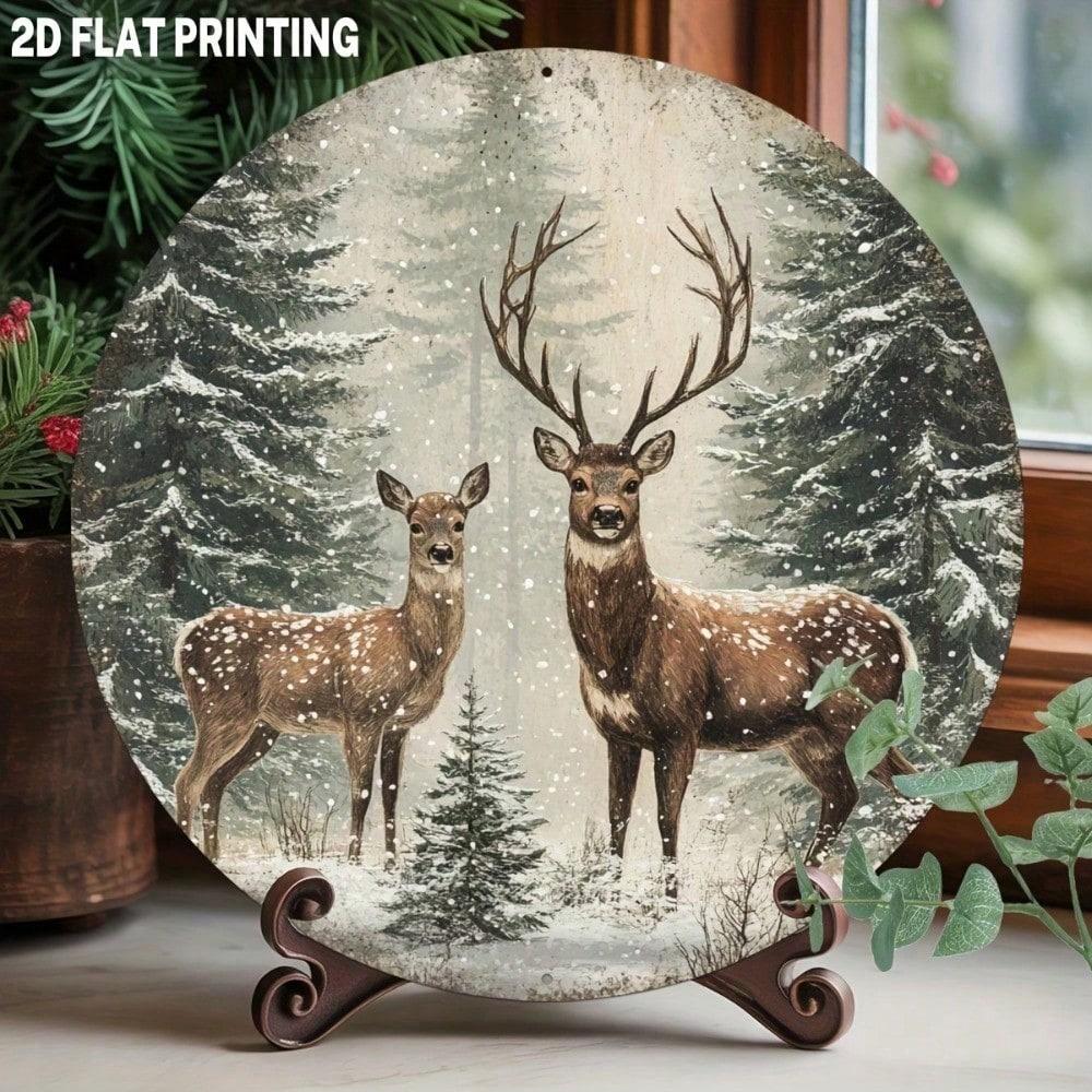 Vintage Round Metal Wall Art 8 Inch Winter Deer Forest Snow Landscape Rustic Aluminum Decor 20x20 разноцветный