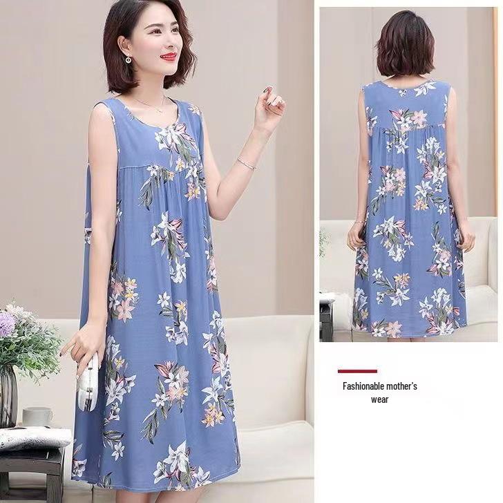 Plus Size Sleeveless Cotton Rayon Dress for Middle-Aged Women