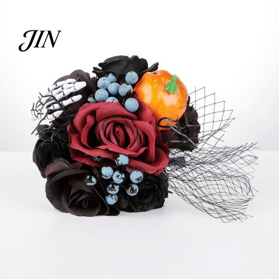 Spooky Wedding Bouquet Gothic Bride Bouquet, Artificial Black Red Rose Flower Party Floral Centerpiece with Skeleton Hand Pumpkin Skull for