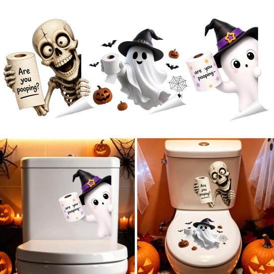 Funny Halloween Bathroom Decor Toilet Sticker, Ghost And Skeleton Print Decals, Waterproof PVC Easy Creepy Decorations Peel Stick Spooky Stickers, for