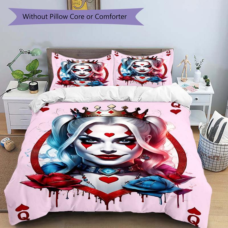 3pcs Harley Quinn, Clown Bedding Set, Duvet Cover and Pillowcases Machine Washable Seasons All Suitable, Design for Bedroom (No Filling)257