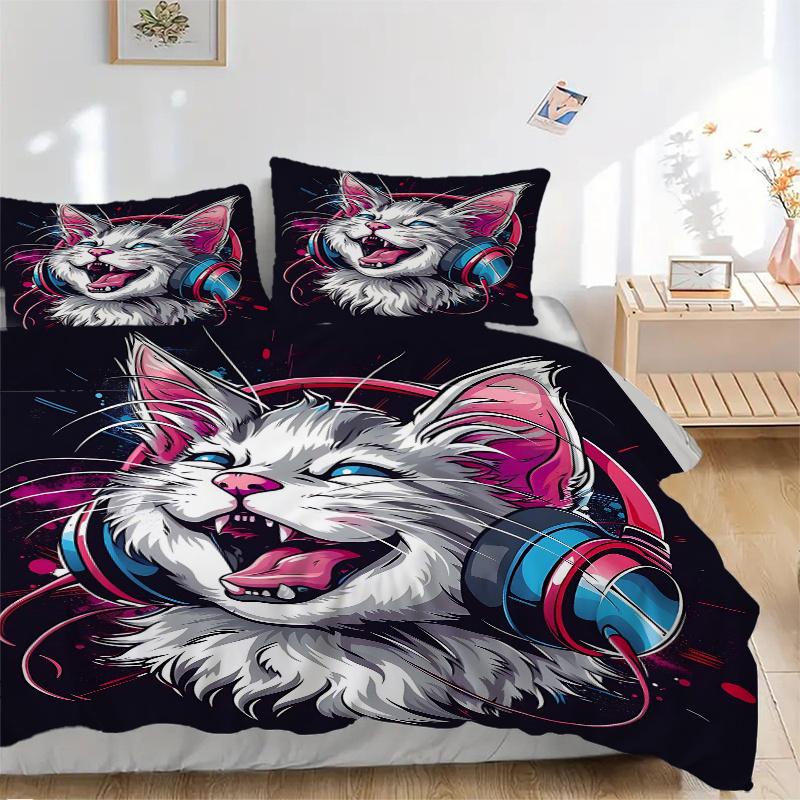 3pcs Cool Cat Headphones Bedding Set - 1 Soft Quilt Cover + 2 Pillowcases, Machine Washable - Suitable for All Seasons L018