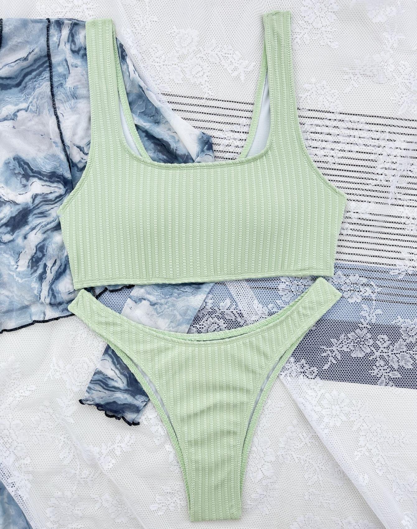 

Женские купальники, однотонный топ на бретелях, сексуальный комплект бикини с высокой талией, пляжная одежда, купальные костюмы L зелёный