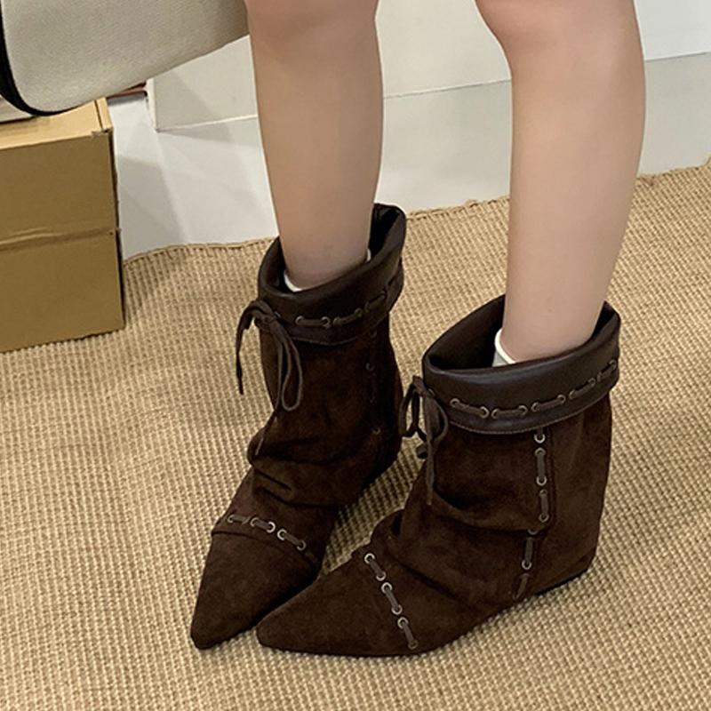 Fashion Liyke Winter Street Style Woman Design Drawstring Lace Up Ankle Boots Fashion Inside Height Increasing Women Western Cowboy Shoe