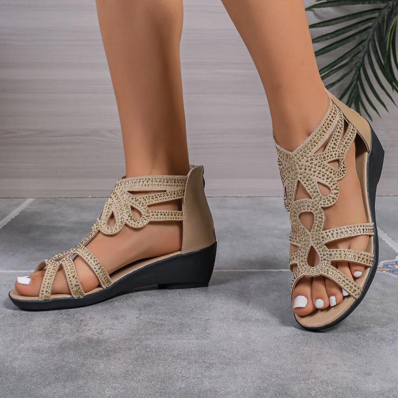 Mode 2025NYA Kristallsandaler Dam Kilklackar Bekväma Höga Klackar Utskurna Dragkedjesandaler Bekväma Platta Stilfulla Sandaler