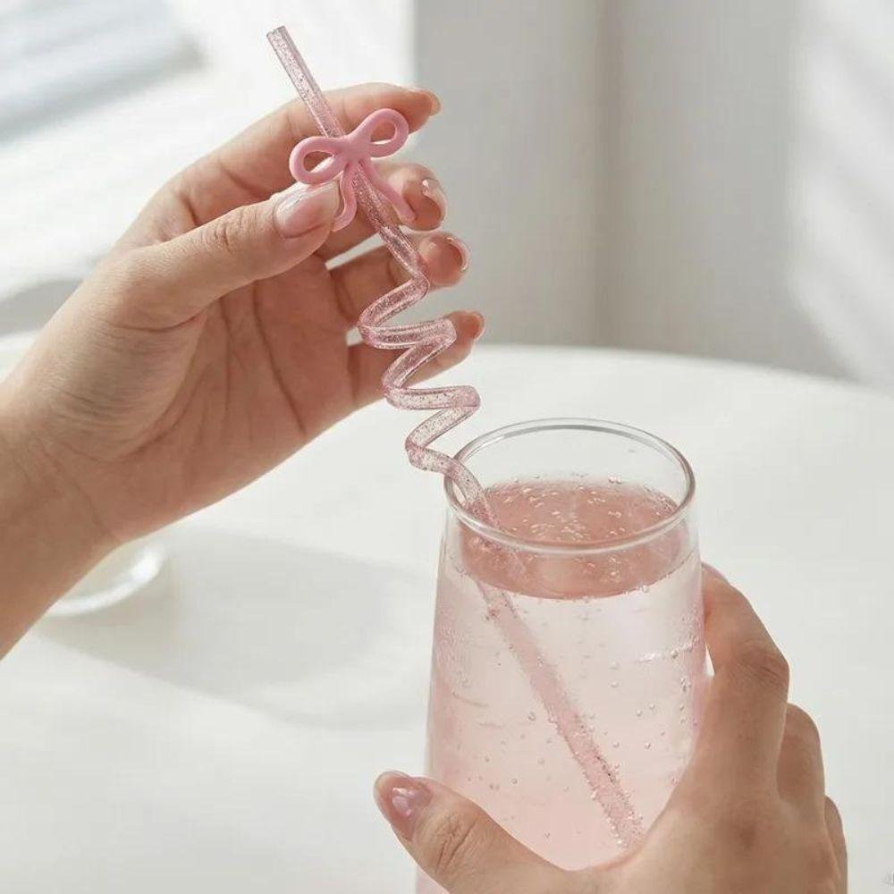10Pcs Bent Tube Pink Bow Straws Reusable Curved Straw Cute Drinking Straw  Birthday Wedding Supplies