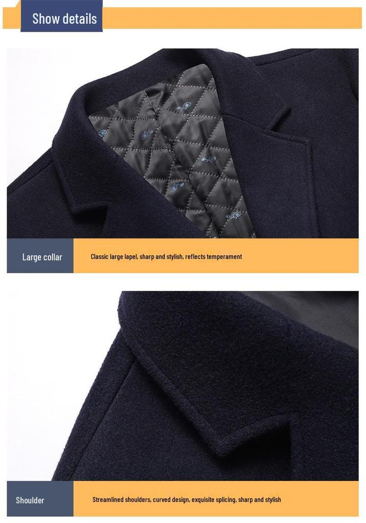 Men's 2025 Winter Korean Style Woolen Coat: Trendy Mid-Length Thick Thickened British Windbreaker