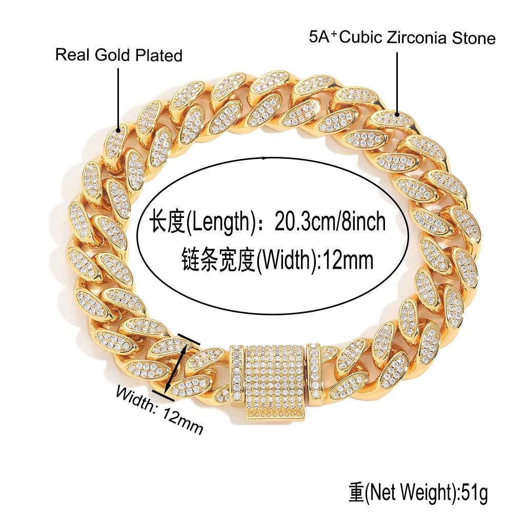 BES 12mm Wide Cuban Link Chain Bracelet Necklace Hip Hop Personality Trend Hip Hop Brass Zircon Miami Cuban Chain Jewelry