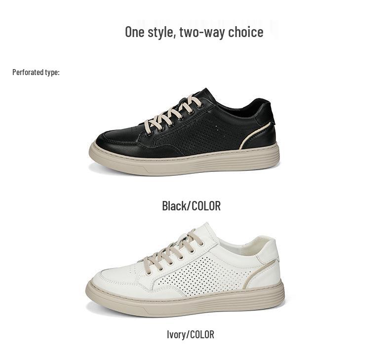 Men's Summer Perforated Leather Sneakers - Breathable Genuine Cowhide with Thick Sole