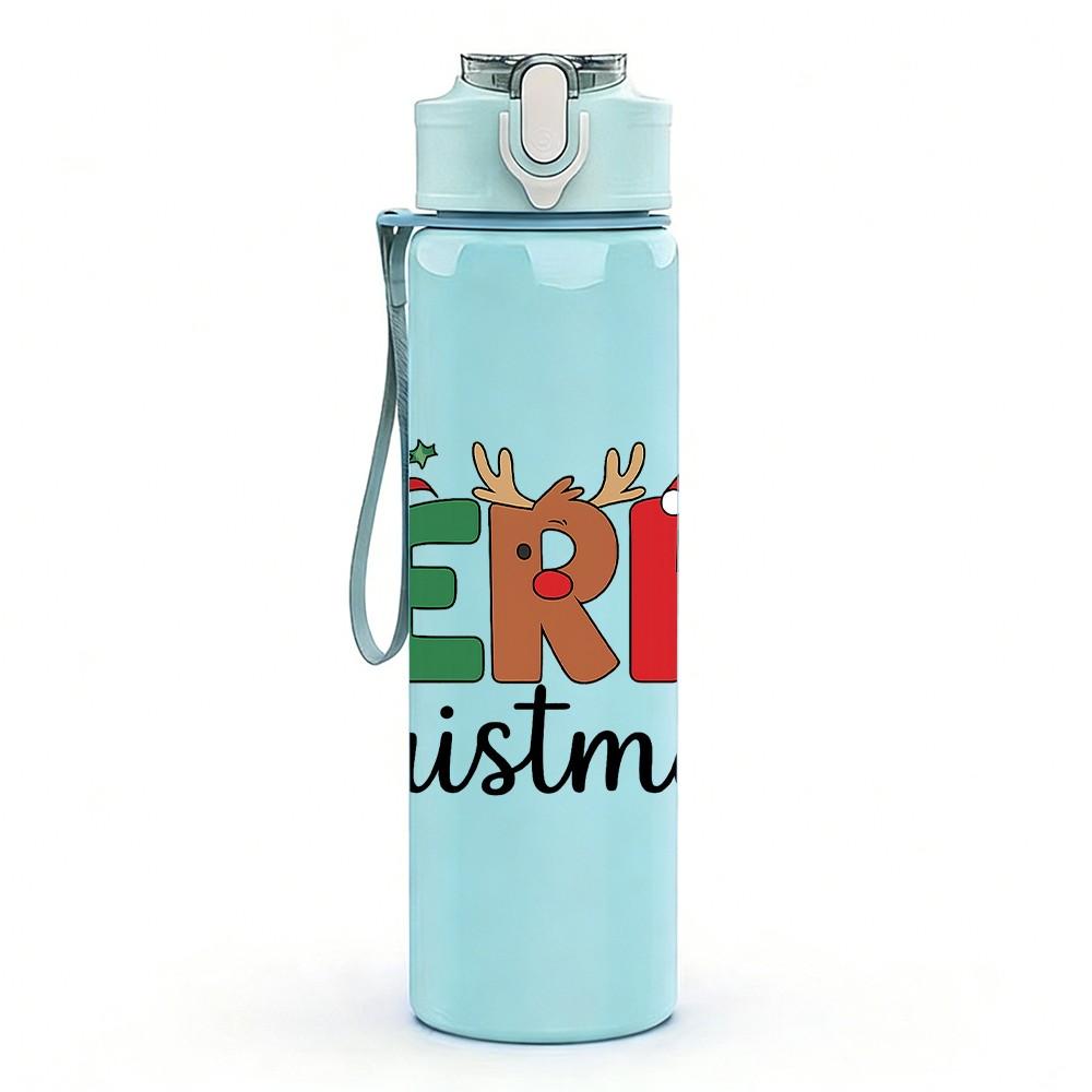 1PC Merry Christmas Text Retro 750ml Color Plastic Sports Water Bottle Leakproof Flip Straw Lid Suitable for Sports Office Home Use