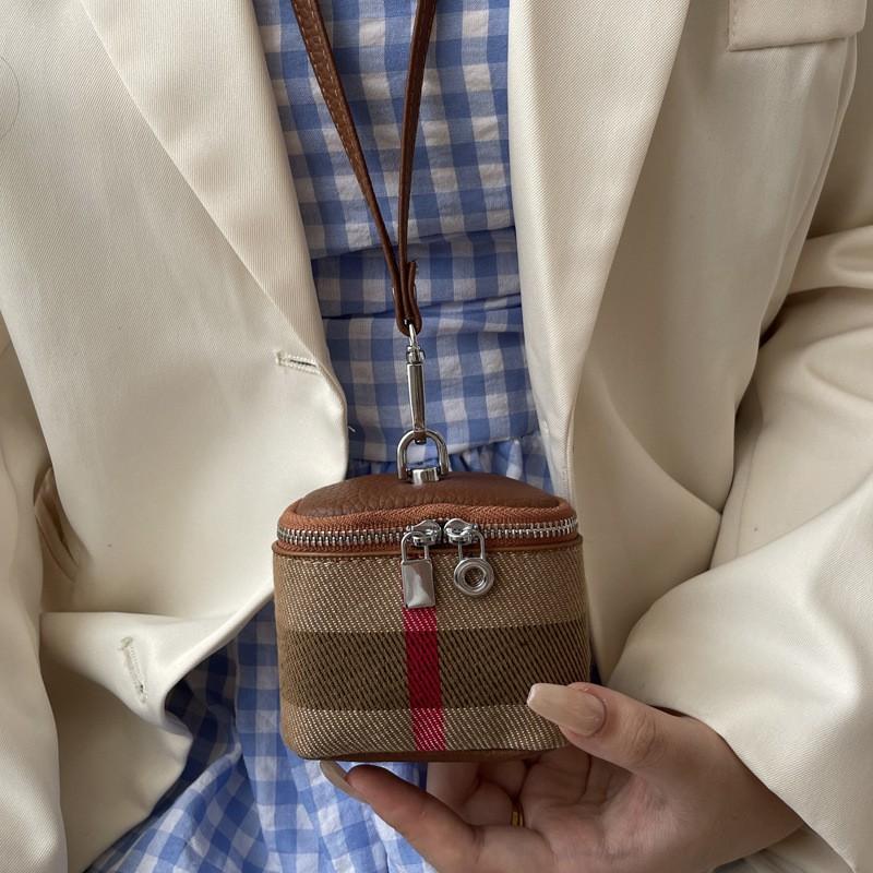 Canvas Cowhide Small Change Purse Ins Style Simple Portable Neck Hanging Lipstick Makeup Bag Leather Earphone