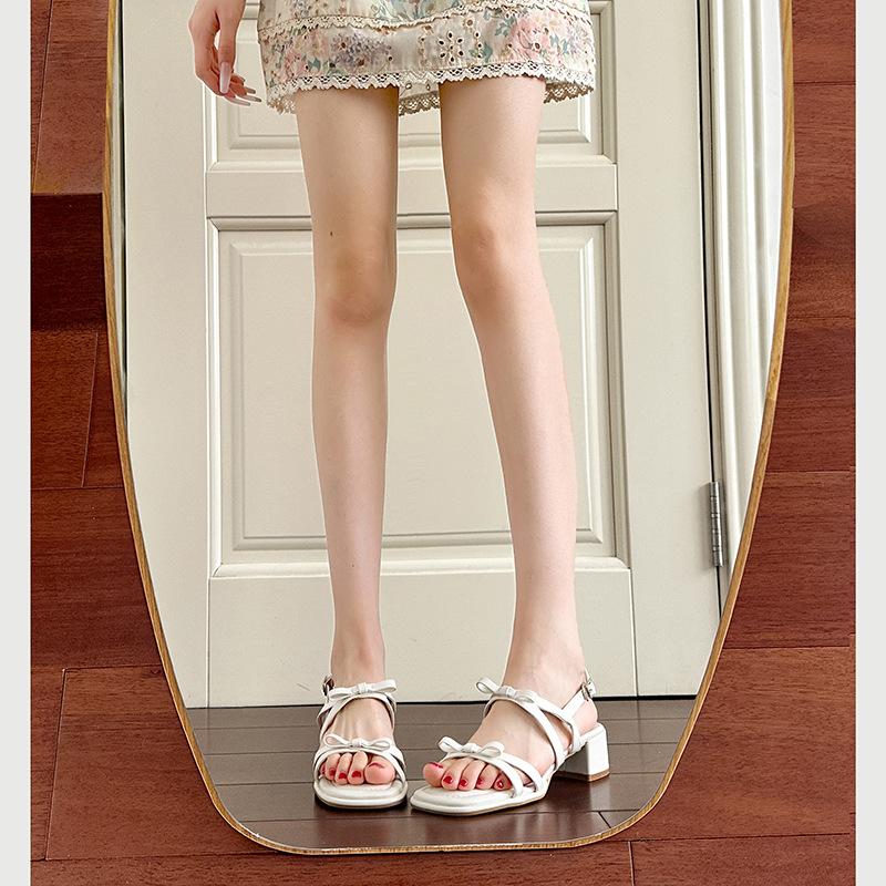 Silver Bow Open-toed Sandals New Summer Thick Heel Buckle with High-heeled Sandals Women