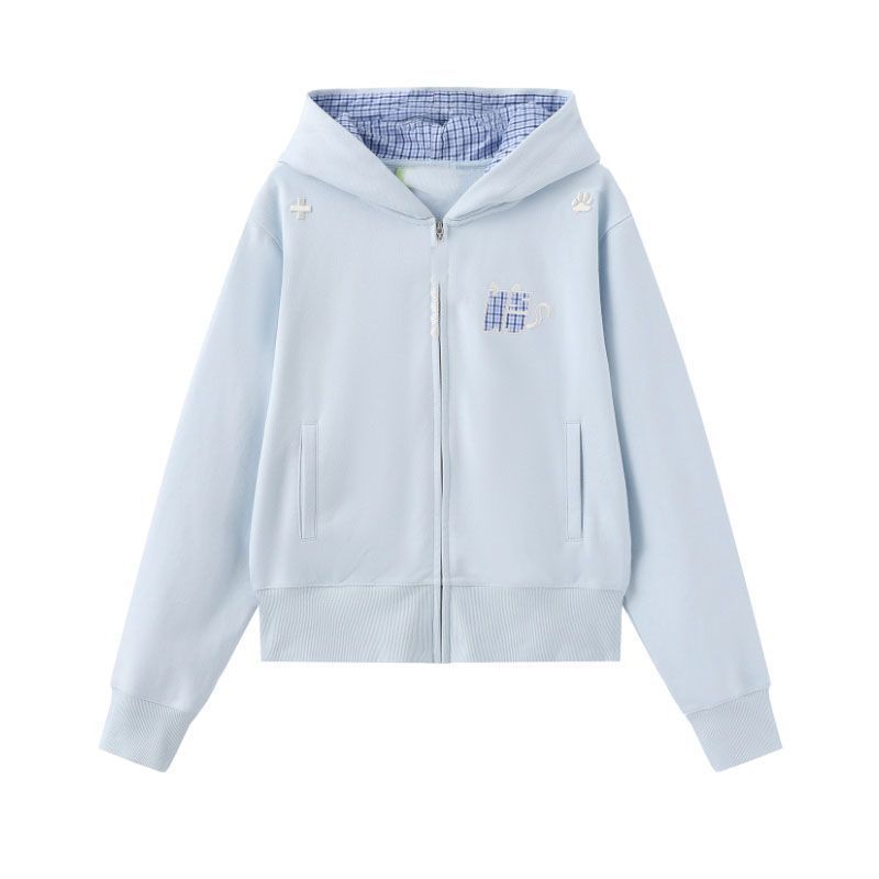 Spot 2025 autumn new little devil leopard print splicing hooded sweater jacket women s American loose top #2236 XL светло-синий