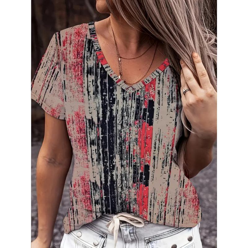Tricou cu dungi pentru femei, de vară, de exterior, la modă, cu mânecă scurtă, cu gât în V, mărime mare, larg, îmbrăcăminte versatilă pentru femei
