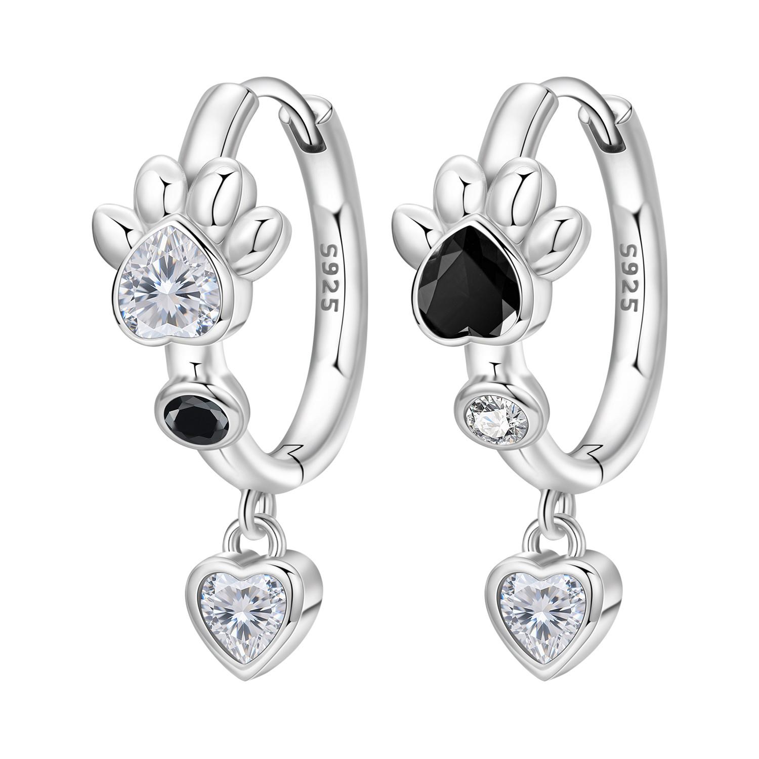 

S925 Sterling Silver Black White Paw Print Heart Drop Earrings Women Earrings Charm Fashion Versatile Party Jewelry Gifts