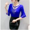 Summer New Women's Flare Sleeve T-shirt O-Neck Luxury Diamonds Tops High Quality Girl Shiny Mesh Tees