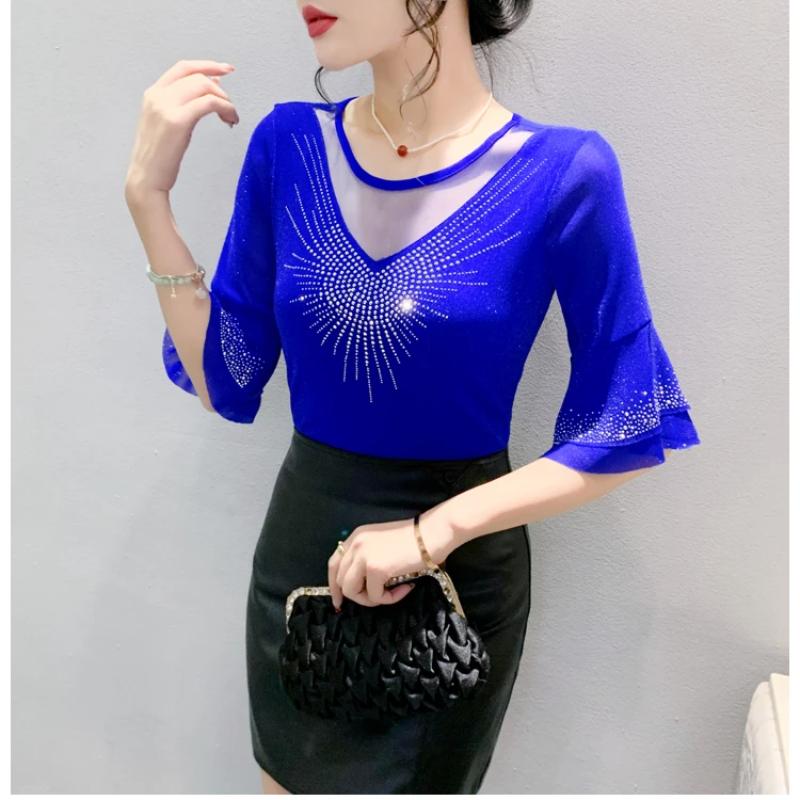 Summer New Women's Flare Sleeve T-shirt O-Neck Luxury Diamonds Tops High Quality Girl Shiny Mesh Tees