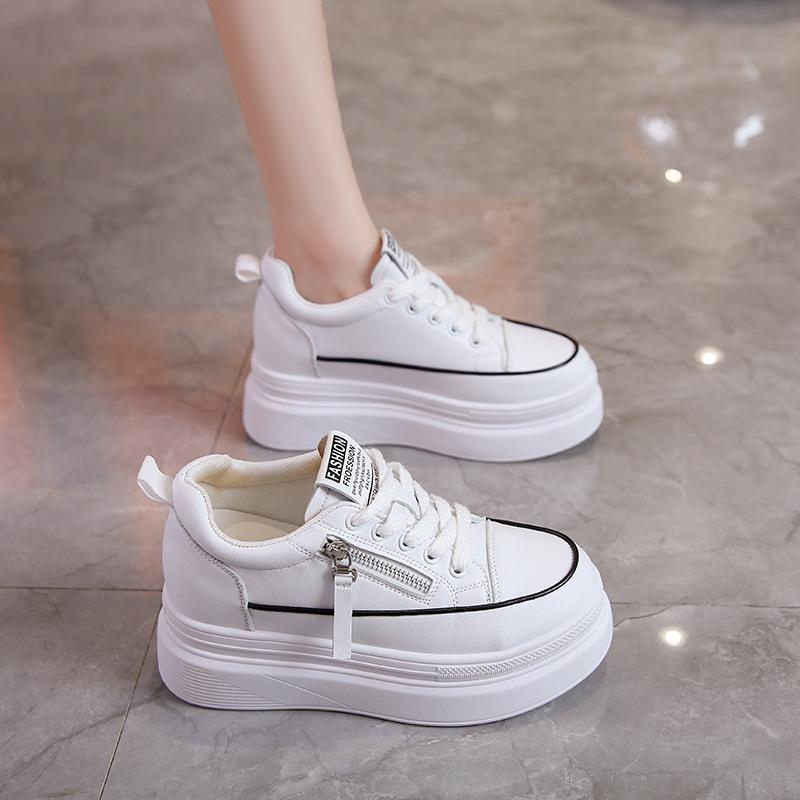 

2025 spring and autumn new little white shoes fashionable women s inner height increase side zipper decorative front lace-up platform casual shoes 40 белый