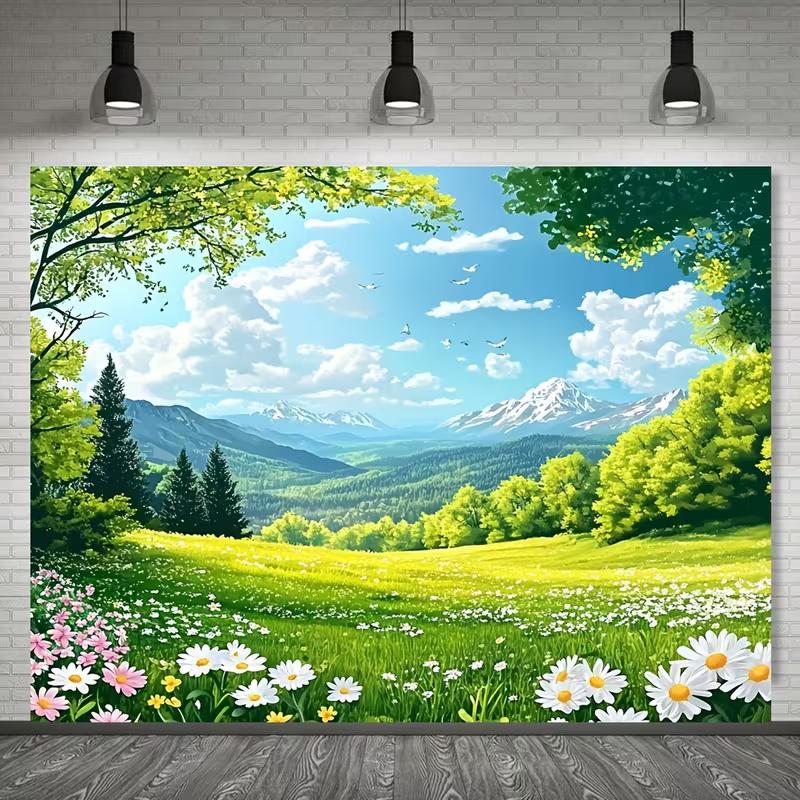 Cute Floral Meadow Tapestry, Sunny Green Field with Daisies, Trees and Snowy Mountain Wall Art