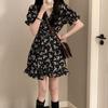 Black Floral Dress Looks Thin Summer New Skirt French Waist Lotus Leaf Short Skirt Tie-dye