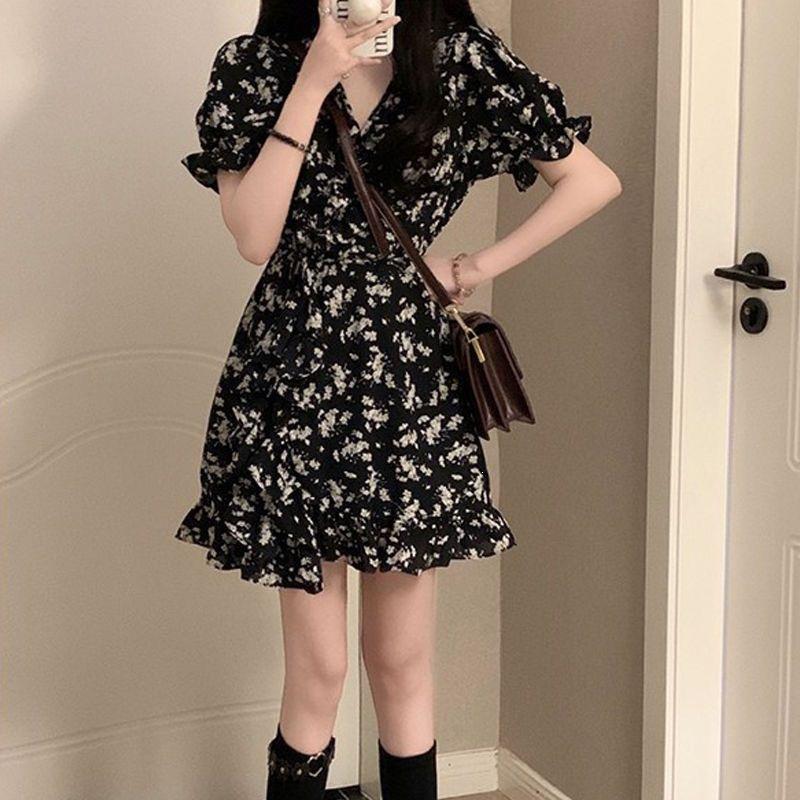 Black Floral Dress Looks Thin Summer New Skirt French Waist Lotus Leaf Short Skirt Tie-dye