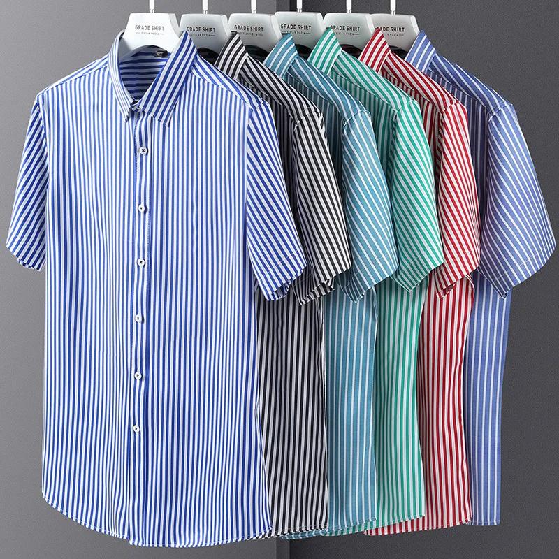 Summer Striped Short Sleeve Shirts for Men Thin Elatic Social Slim Fit Formal Shirt Business Class Fit Casual Easy-care Clothes